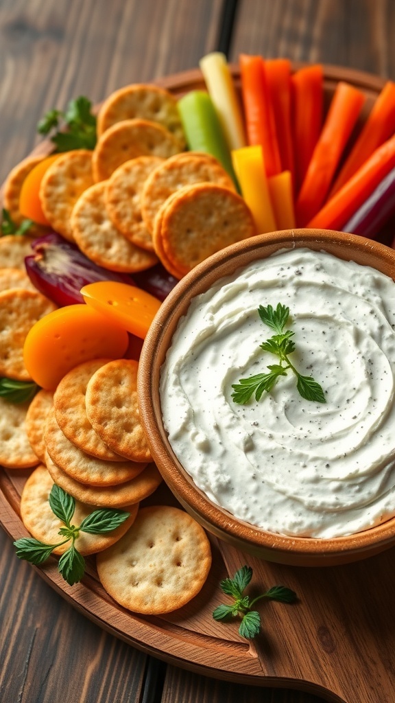 Creamy feta yogurt spread in a bowl, garnished with herbs, served with vegetables and crackers.